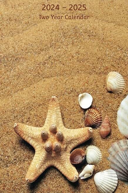 2024 - 2025 Two 2 Year Monthly Calendar Planner Sand Beach Sea Shells Starfish Tropical Cover